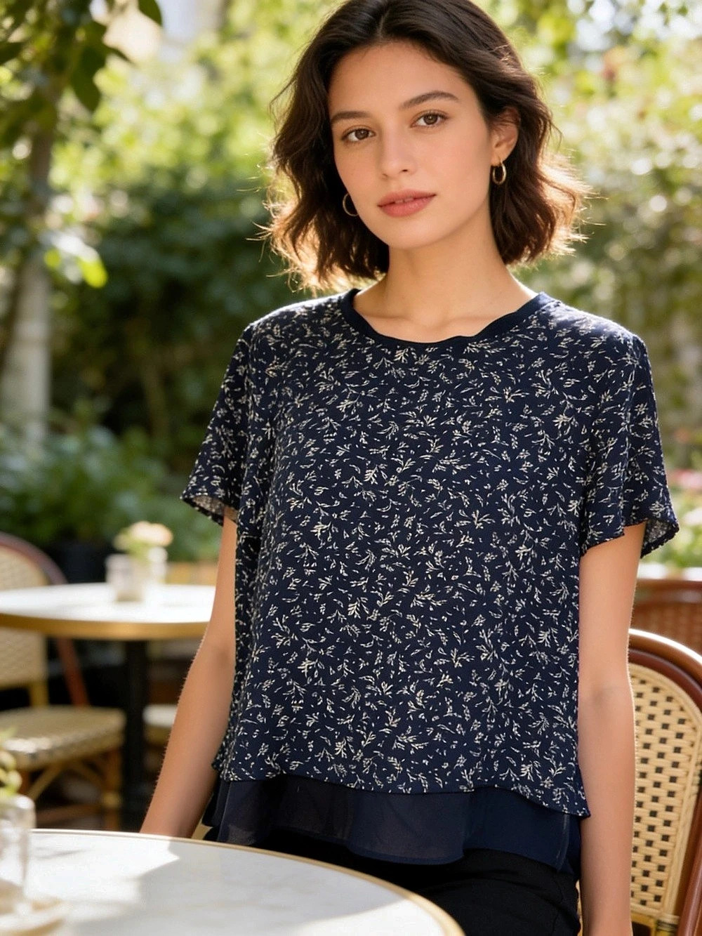 Hilary Radley Short Sleeve Double Layer Floral Blouse Blue & White Medium